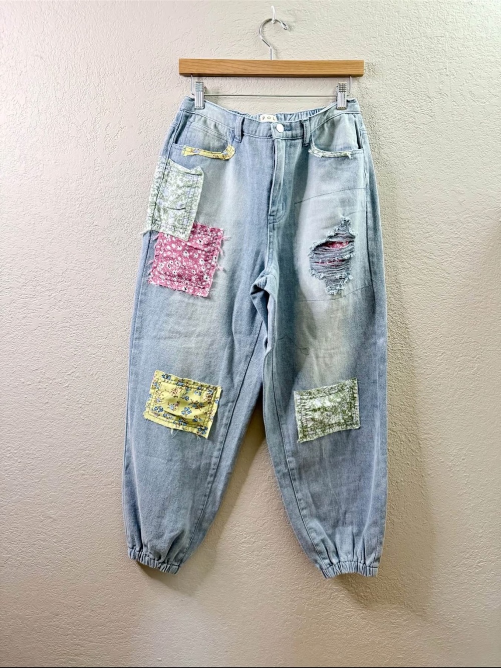 POL Light Blue Boyfriend Jeans with Pink, Yellow & Green Floral Patches